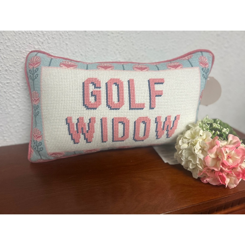 Rachel Zoe Golf Widow Needlepoint Throw Pillow Blue Pink Floral Accent New